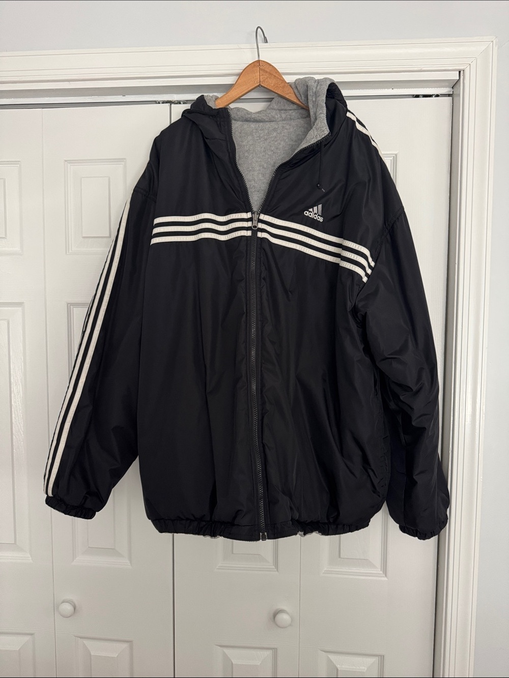 adidas Black Hooded Performance Jacket with White Stripes